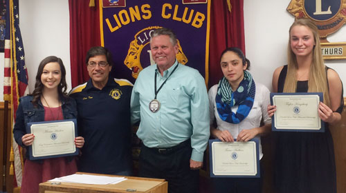 Provided photo: Pictured include scholarship winners recognized in January 2016, from left: Marisa Hanlon (attending Daemen College), Lions President Tom Minigiello, Lions Club member Ken DeRoller, Tania Arellano (attending Roberts Wesleyan College), and Taylor Kingsbury (attending St. John Fisher). Not pictured is the other scholarship winner, Luke Rath, who has enlisted in the United States Marine Corps. 