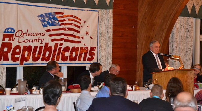 Photos by Tom Rivers: Carl Paladino, right, a former gubernatorial candidate in New York against Andrew Cuomo was the keynote speaker during Thursday night’s Orleans County Republican Rally. Paladino is co-chair of Donald Trump’s NY campaign.