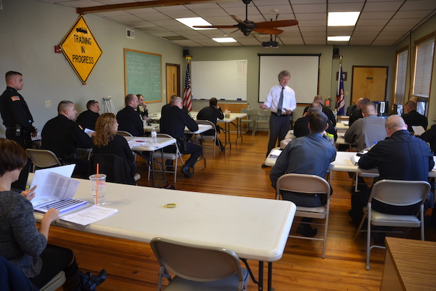Dr. Don Kamin, a clinical psychologist and instructor in the Crisis Intervention Training Program, leads a class discussion this afternoon at the Medina Fire Department’s classroom.