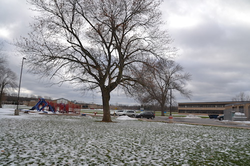 The plan to have a campus access road, linking Oak Orchard and Wise schools, would run where this playground stands by the elementary school. The playground would be removed and a new one put on the other side of the school.