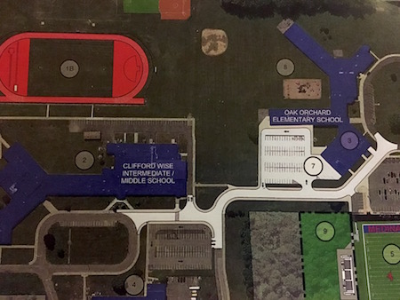 This map of the campus shows where the new access road would go, shifting some traffic from West Oak Orchard Street.