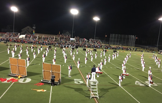 The Medina Marching Band performs at Vets Park. The district is looking to add space at the site, and shift the home bleachers to the opposite side of the field and make other changes, including new turf.