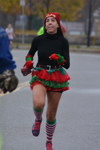 Kelly Roberts of Barker finishes the race in Medina today. It was her 158th race of the year and 140th in the Buffalo Runners series, which puts her eighth overall in WNY.