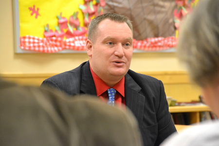 Photo by Tom Rivers: Dr. Michael Weyrauch, principal at the Orleans-Niagara BOCES in Medina, speaks with community members during a forum on Tuesday evening where residents could ask questions to the finalist for district superintendent.