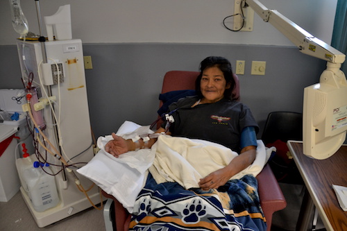 Photos by Tom Rivers: Sherri Parker of Akron sits at a dialysis station on Wednesday in Medina. Lake Plains Dialysis reopened on Monday at 11020 W. Center Street after 8 months of renovations.