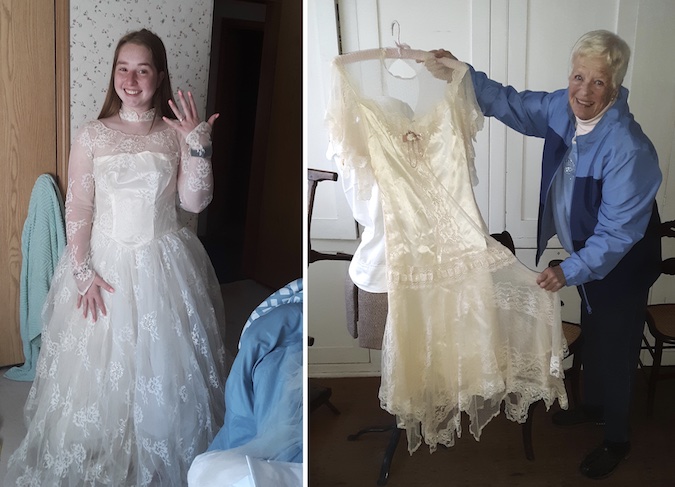 Vintage Wedding Dress before and after alteration. Result: Added